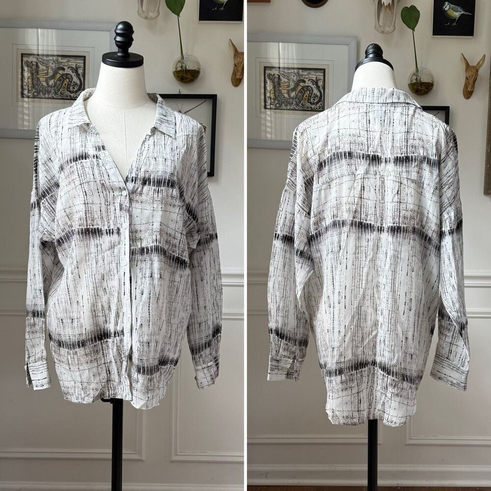 AS by DF 100% Silk Oversized Blouse Black Ivory Abstract XS